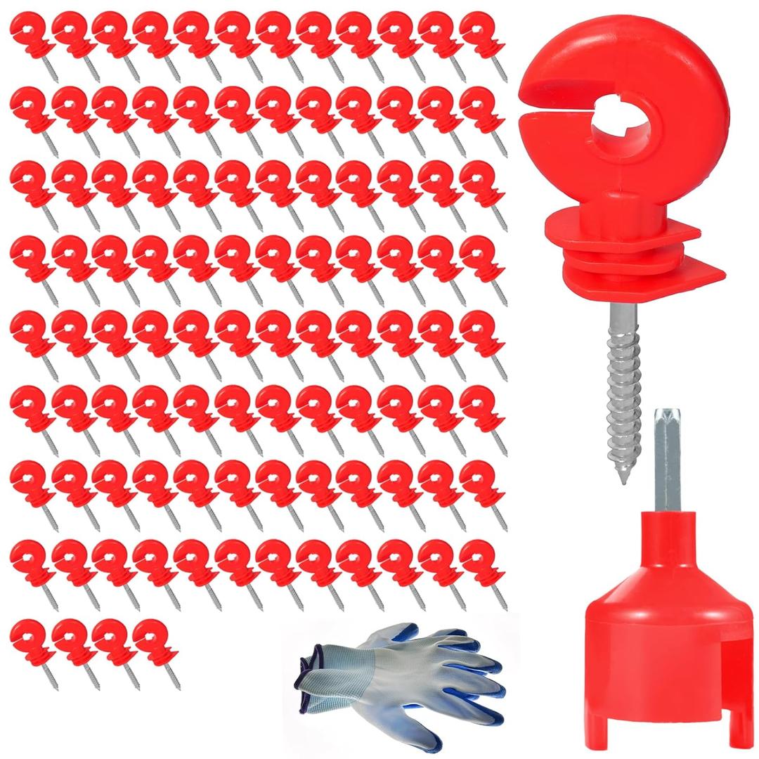 Electric Fence Insulator, 100 Pcs Red Screw-in Insulator with Insulator Socket Tool for Wood Post Fence Ring Post (100Pcs)