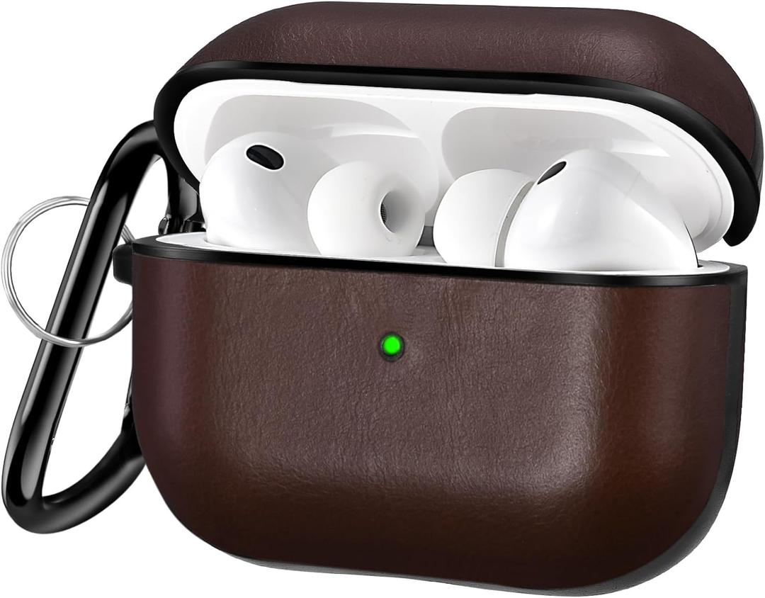 Compatible with Airpods Pro 3 Case Cover Vegan Leather AirPod Pro 3rd Generation(2025) Case Men [Front LED Visible] PC+Leather Luxury Shockproof Protective Covers Ear Skin Dark Brown
