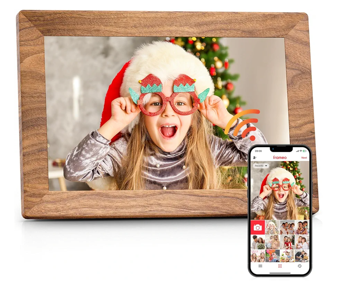 Frameo 10.1" Digital Picture Frame with 32GB Memory WiFi Electronic Photo Frame Wood 1280 x 800 IPS Touch Screen Auto-Rotate Slideshow Wall Mountable Share Photos/Video Remotely Anywhere