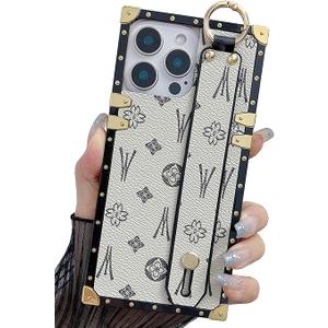 Compatible with iPhone 16 Pro Max Case Luxury Designer for Women Girls,Rectangle Leather with Wristband Strap Kickstand Holder Protective Cover for 16 Pro Max - 6.9 inch(White)