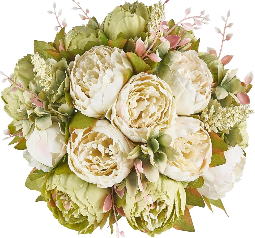 Mkono Peonies Artificial Flowers, 2 Packs 13 Stems Faux Peony Flowers Real Touch Fake Silk Bouquet for Arrangements Dining Table Centerpieces for Kitchen Bridal Wedding Party (2, New Green)