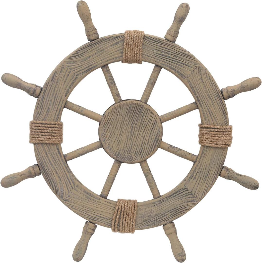 Asense Ornamental Wall Decoration Wooden Nautical Ship Steering Wheel, 24-inch, Brown