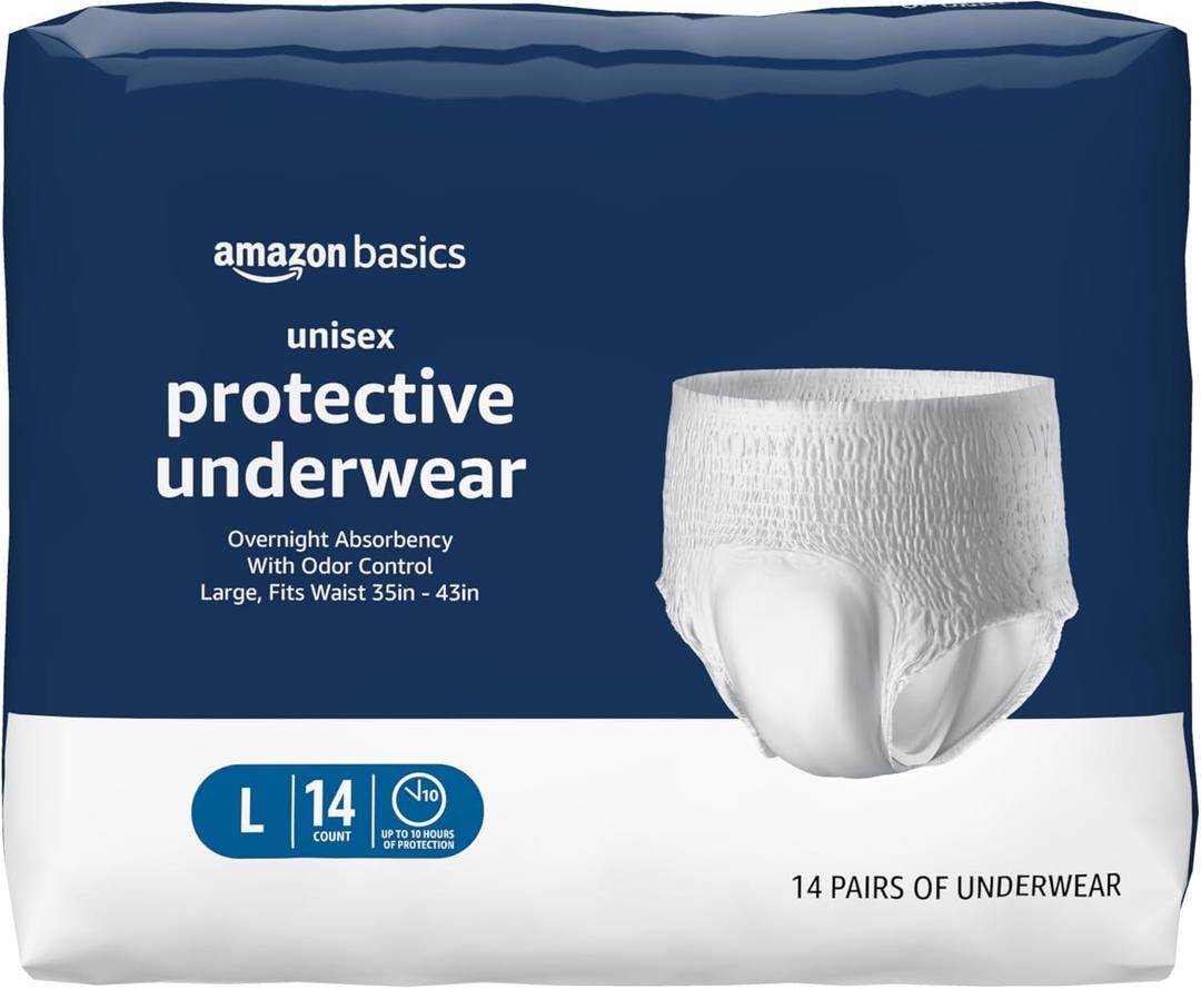 Amazon Basics Unisex Adult Incontinence Protective Underwear, Overnight Absorbency, Moisture-Wicking, Soft, Latex Free, Large, 14 Count