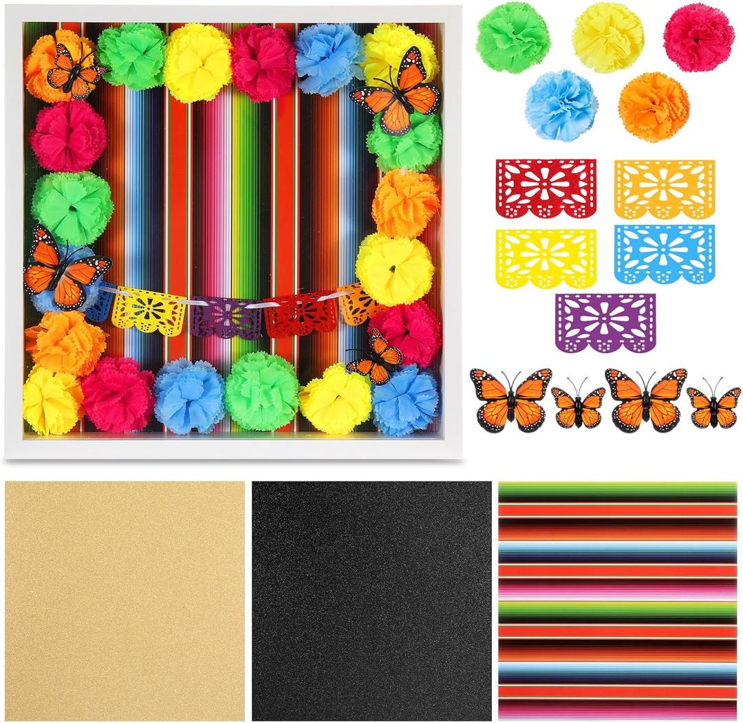 29 Pcs Day of the Dead DIY Shadow Box Craft Set Large 12 X12 Inch Ofrenda Memorial Shadow Box with Day of the Dead Banner Marigold Flowers Background Paper Simulation Butterflies (Multicolor)