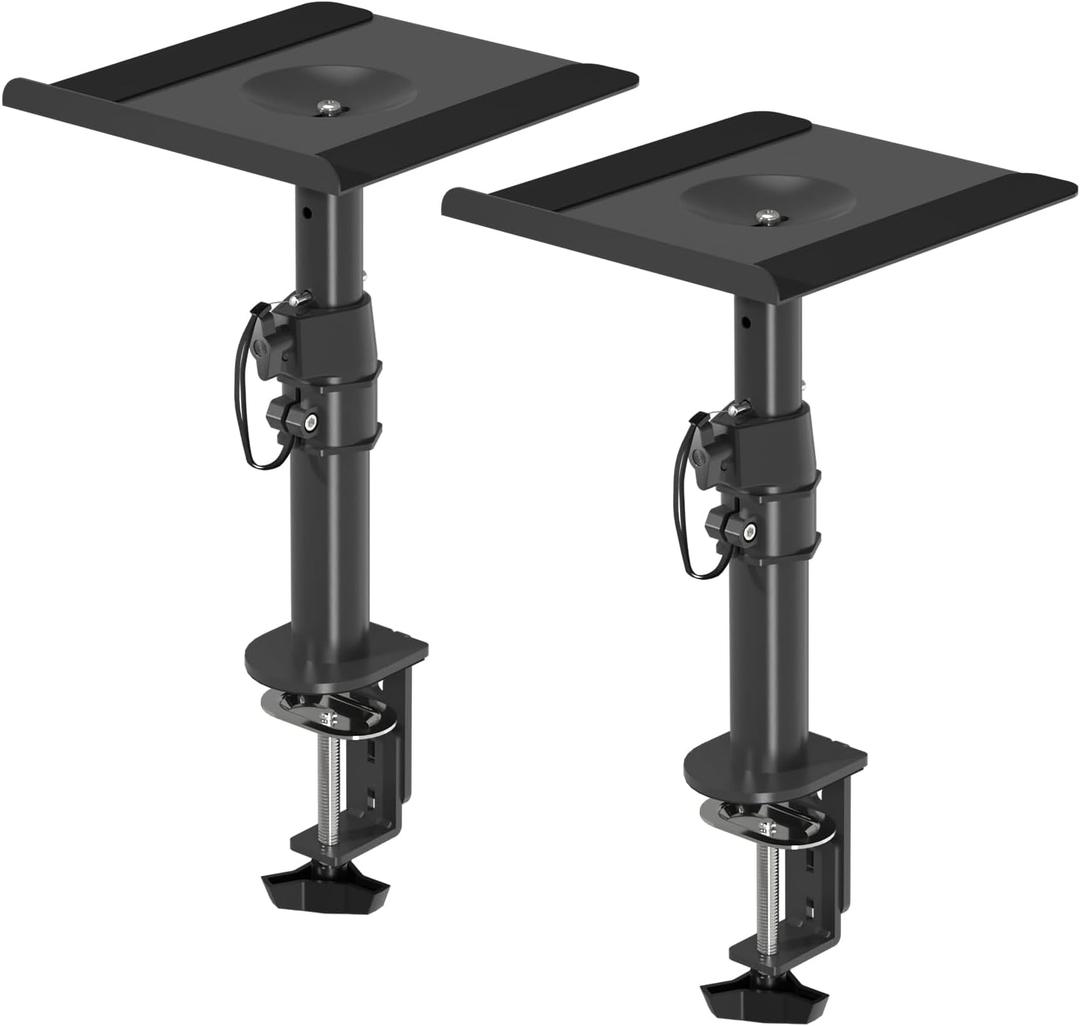 suptek Clamp-on Speaker Stand Desk Mount Set, Height Adjustment, Tilt, Swivel, 9.6 x 8.8 inch Trays, Universal Audio Holders for Computer and Bookshelf Speakers, Elevated Sound, 2 Pack, Black, SDM001B