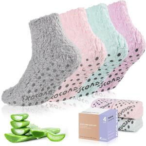 Fuzzy Grip Socks for Women Men,Thick Warm Slipper Cozy Fluffy Non Slip Ankle Hospital socks With Grips. (Light -Pink/Grey/Green/Purple)