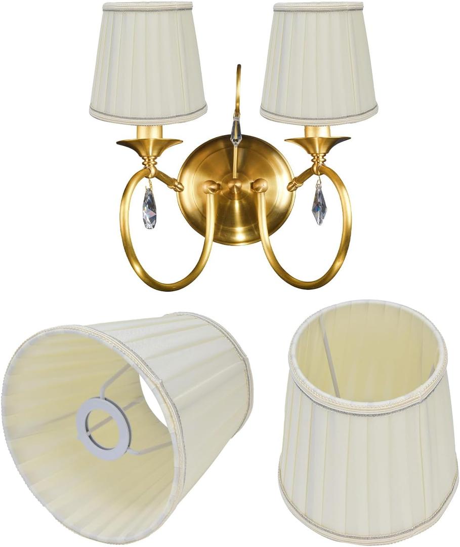 Small Lamp Shade Set of 2, 4.5" Top x 6" Bottom x 5.5" Slant Beige Fabric Sconce Lampshades Pleated Cloth Chandelier Shades for E14 Bulbs