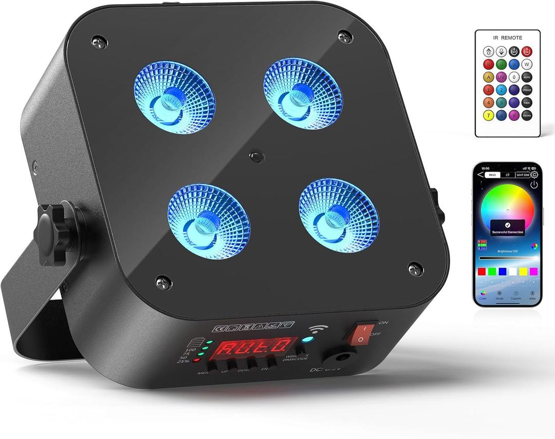 Mini Rechargeable Par Lights, 4 * 18W RGBWA UV 6 in 1 Battery Powered Upights, APP & Wireless DMX Control Stage Lights, Uplighting for Wedding Birthday Party Festival