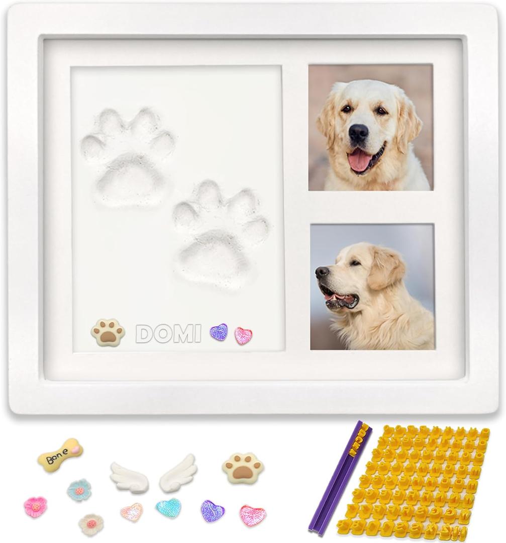 MYPAWLETS Dog or Cat Pet Paw Print Impression kit with Trinkets,Paw Print Kit Keepsake Large Clay Area,Premium Wooden Dog Memorial Picture Frame,Personalized Paw Print Gift for Pet Lovers -White