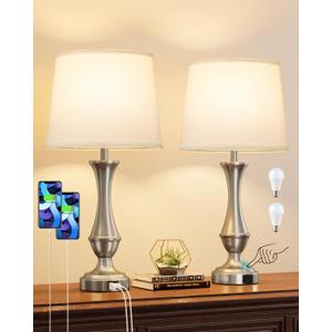 Upgraded Touch Lamps for Night Stands Set of 2 - Bedside Lamps with USB C+A, 3 Way Dimmable for Bedroom Living Room End Tables Office (White&Nickel)