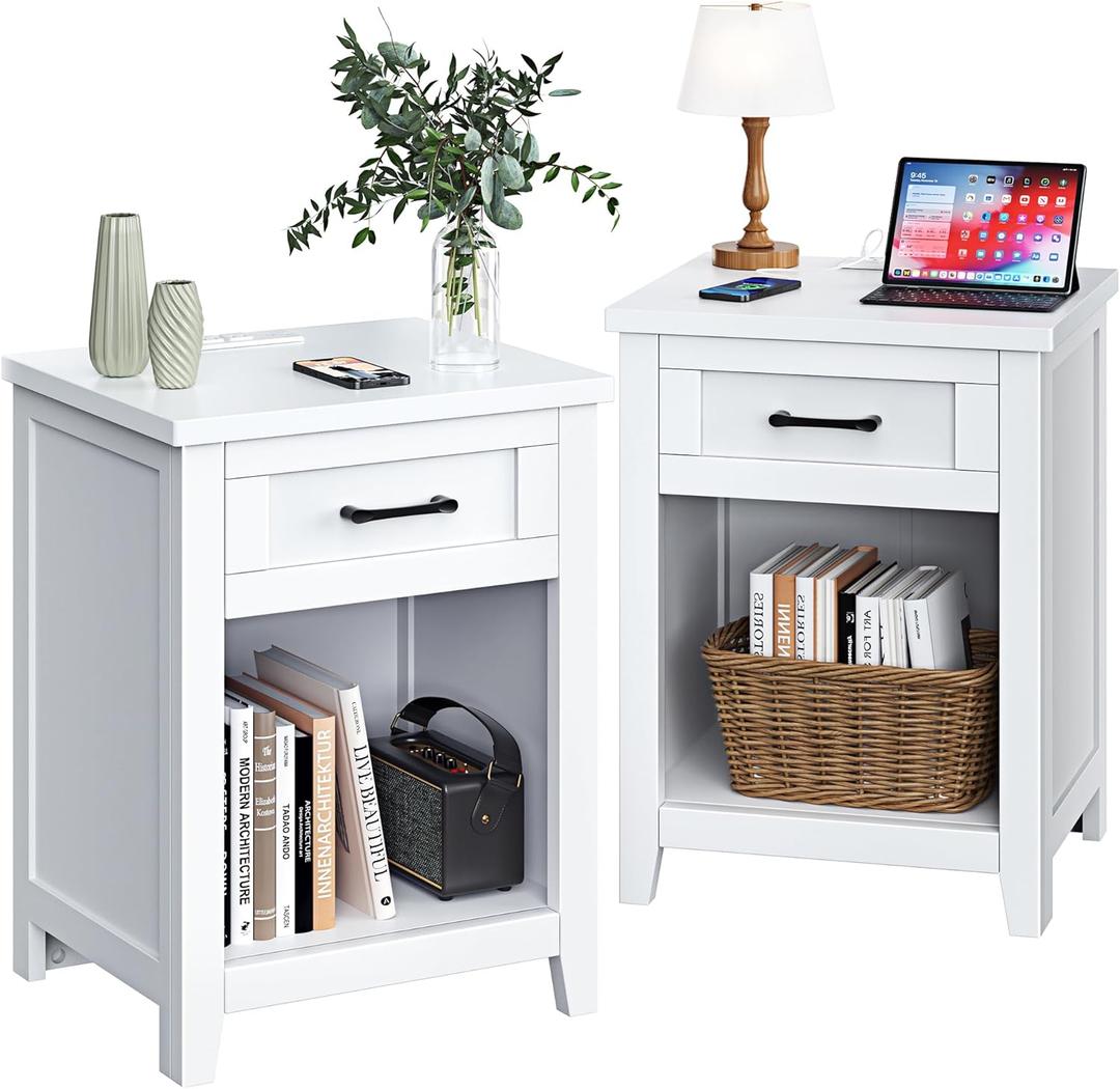 Farmhouse Nightstand with Charging Station & Large Storage, Set of 2 Modern End Tables with Outlets, USB Ports and Type-C Ports, Easy Assembly for Bedroom (Pure White)