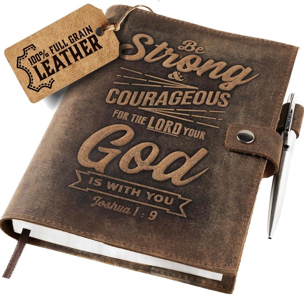 moonster Refillable Leather Journal Joshua 1:9 Bible Verse Embossed Journals with Pen  Milled A5 Leather Journal Lined Paper - Line Notebooks for Men  Leather Notebook with Pen Holder - 320 Pages