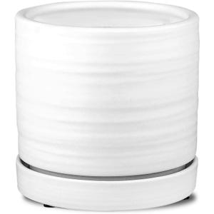 6 Inch Plant Pots, Ceramic Planter Pot with Drainage Hole & Saucer, Indoor/Outdoor Cylinder Round Planter Pot, Matte White
