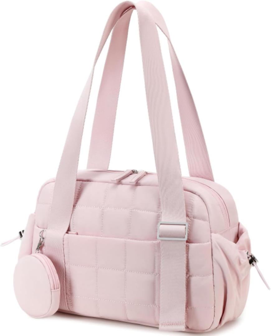 CAMTOP Mini Gym Bag for Women, Small Gym Tote Bag Puffy Quilted Sports Duffel Bag with Wet Compartment and Coin Purse Duffel Bags Dance Yoga Workout Bag (Pink)