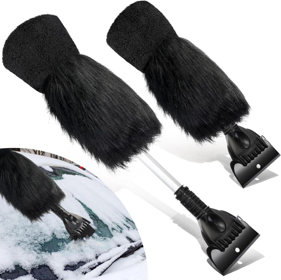 Geyoga 2 Pcs Ice Scraper Retractable with Glove Set Faux Fur Car Windshield Scraper Mitt Retractable Snow Remover Quickly Ice for Removing Snow Glove Set for Keeping Warm(Black)