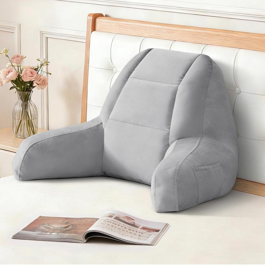 IASEAHK Back Pillow for Bed Sitting Up, Reading Pillows for Beds, Bed Pillow for Sitting up, Backrest Pillows with Arms for Adult, Filled with Shredded Memory Foam for Beds, Couch, Floor, Light Grey, Standard
