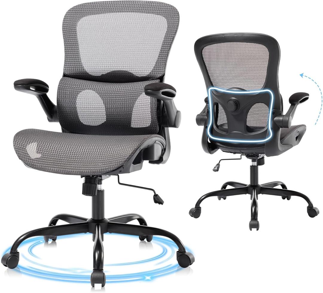 Office Chair, Ergonomic Desk Chair with Adjustable High Back 2D Lumbar Support Flip-up Armrests, Executive Breathable Mesh Comfy Swivel Rolling Computer Task Chair for Home Office Study Work Gaming (5025A, Dark Gray)