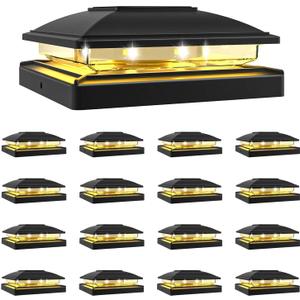 VOLISUN Solar Post Cap Light Outdoor Waterproof 16pack,Solar Fence - Post Lights for 4x4 5x5 6x6 Wooden/Vinyl Post,Black Deck Post Cap Light Solar Powered with Warm White for Garden/Patio/Porch (16 Pack)