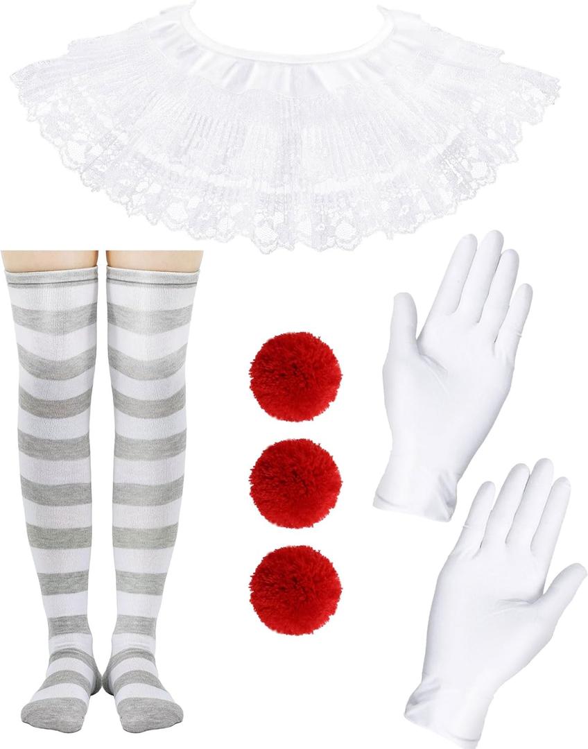 Jecery 6 Pcs Women's Creepy Clown Halloween Costume Accessories Gloves, Collar, Pompoms, Thigh Stockings for Cosplay Party