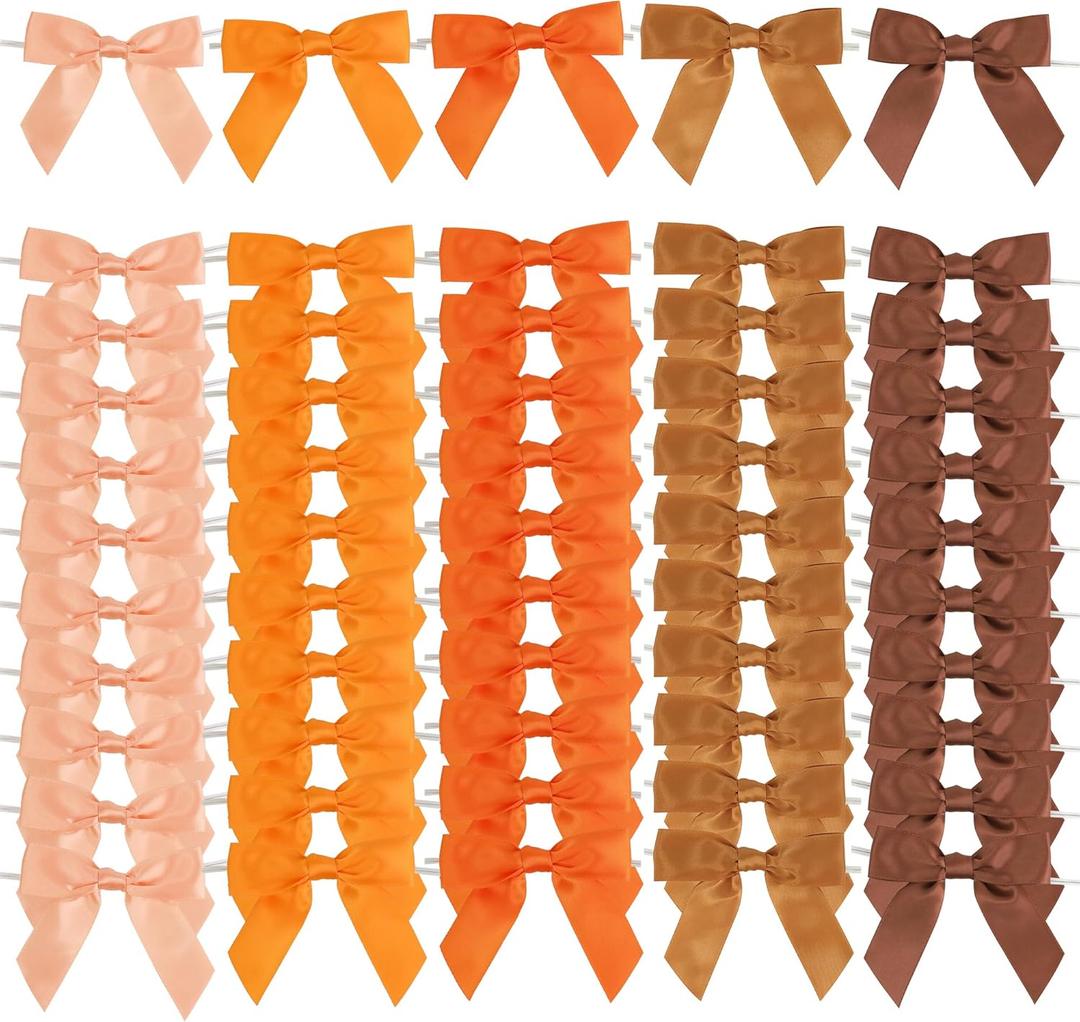 AIMUDI 5 Colors Orange Fall Bows 3.5" Premade Burnt Orange Satin Ribbon Bows for Thanksgiving Decor Pre-Tied Terracotta Treat Bows for Halloween, Wedding, Bridal Shower, Autumn Decor - 50 Counts