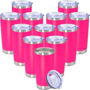 20 oz Tumbler with lid Double Wall Vacuum Insulated Tumblers Stainless Steel Coffee Mug Travel Coffee Tumbler Powder Coated Tumbler Cup Keep Hot&Cold - (Hot Pink 12 Pack)