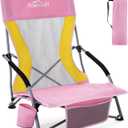 Homcosan Portable Low Folding Beach Chair - Lightweight Camping Chair for Adults with Cup Holder & Storage Pocket, Carry Bag Included (Pink & Yellow) (1 Pack)