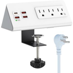 Nightstand Power Strip with USB C, Haiaoyyds Desk Edge Mount Power Hub with 3 Outlets, 4 Fast Charging USB Ports, and 6.56FT Flat Plug Extension Cord for Desk Home Office Accessories, White