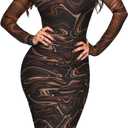 MOEENCN Sexy Long Sleeve Midi Dress for Women Sheer Mesh Printed 2 Piece Skirt Set Crew Neck Bodycon Party Clubwear Dresses (Medium, Brown(buy One Size Smaller))