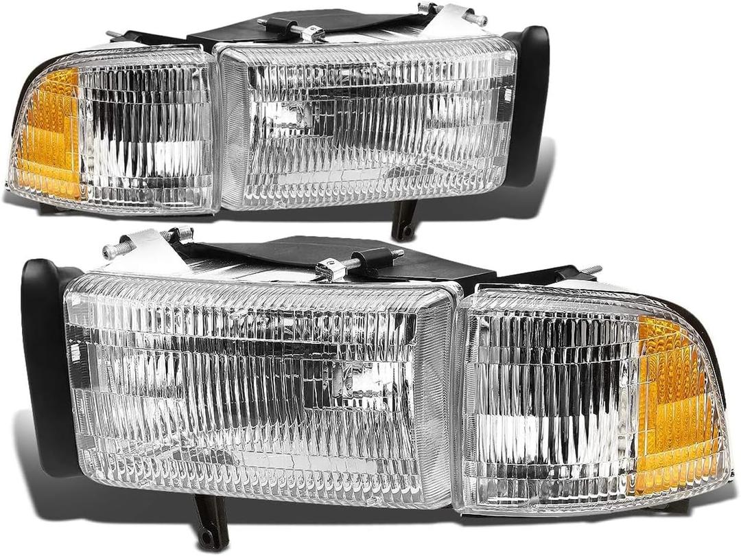 Auto Dynasty Headlights Assembly for 1994-2002 Dodge Ram 1500 2500 3500 | 4Pcs Headlamps for 94-02 Dodge Ram 1500 2500 3500 (Non-Sport Models), w/Corner Lamp, Driver and Passenger Side, Chrome Amber