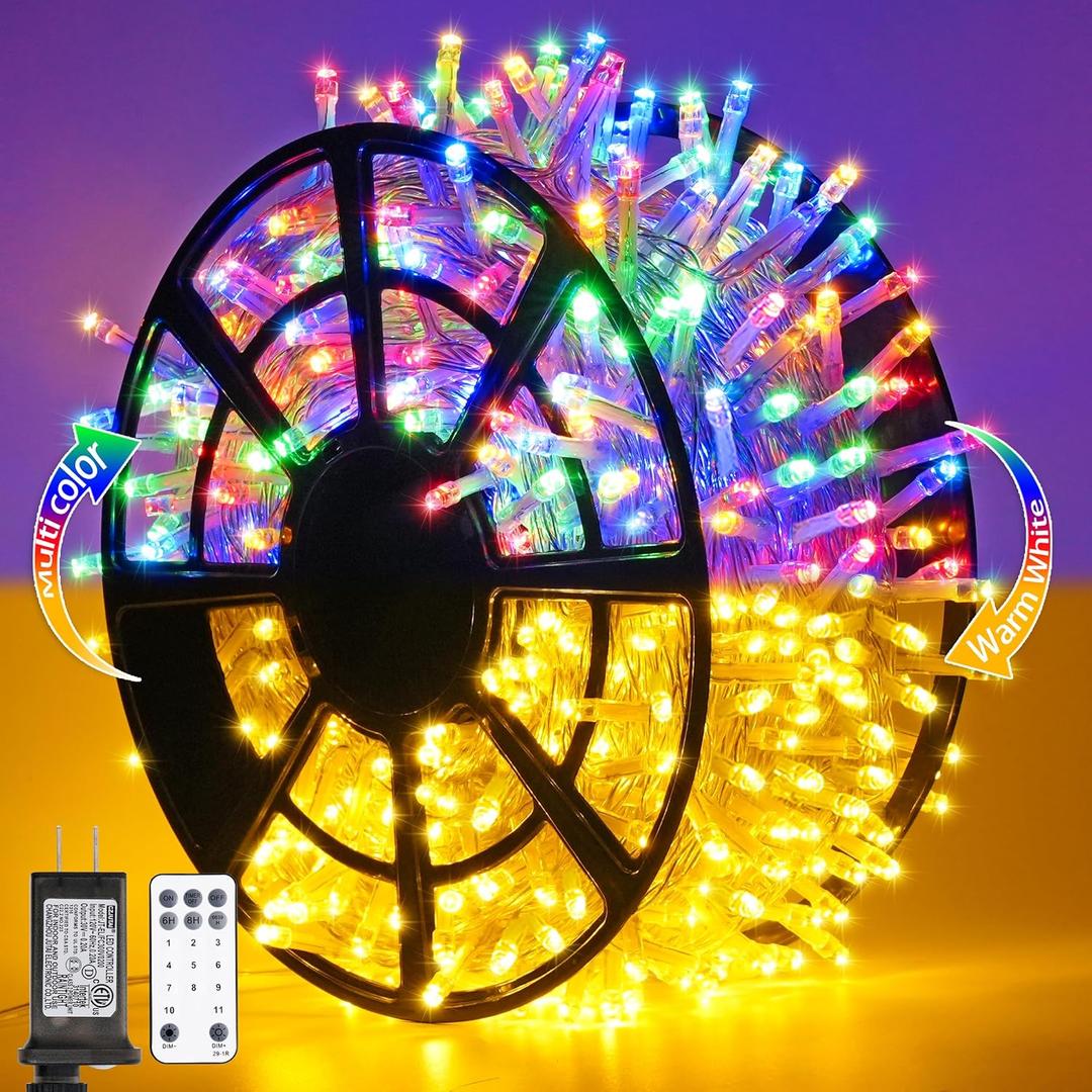 JMEXSUSS 500 LED Color Changing Christmas Lights, 163FT Warm White & Multicolor String with Remote, Plug-in for Tree House Indoor Outdoor Xmas Decor