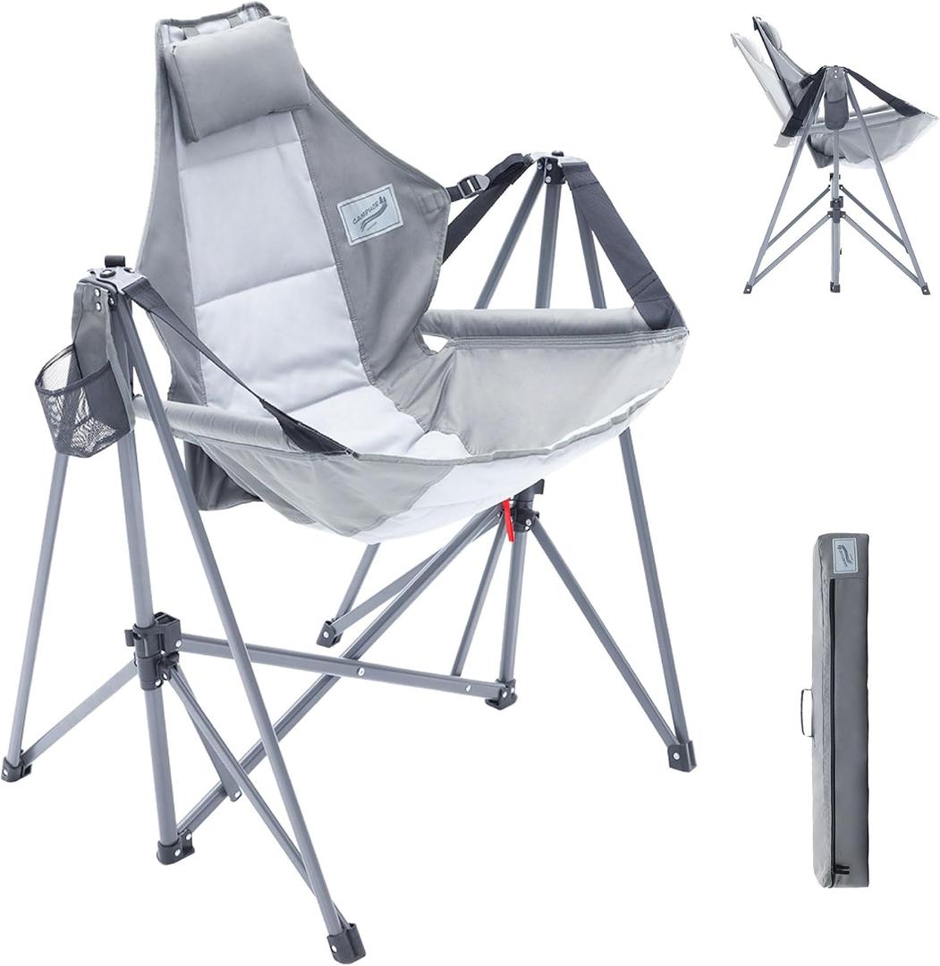 Camphor Designs Portable Swing Hammock Chair | Foldable Recliner Rocking Lounger with Headrest & Drink Holder | Outdoor Sports, Beach, Lawn, Hunting, Tailgating, Fishing | Supports 300Lbs (Grey), Oversized