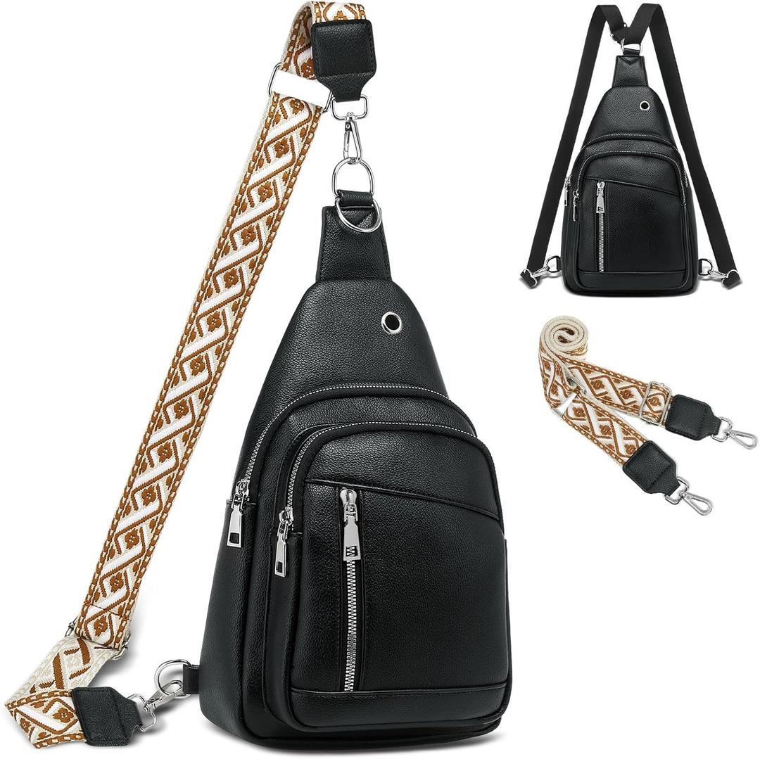 Anti Theft Sling Bag, 2 in 1 PU Leather 8.3" Convertible Crossbody Bags, Fanny Pack Backpack with 2 Removable Straps for Hiking Cycling Sport (Black)