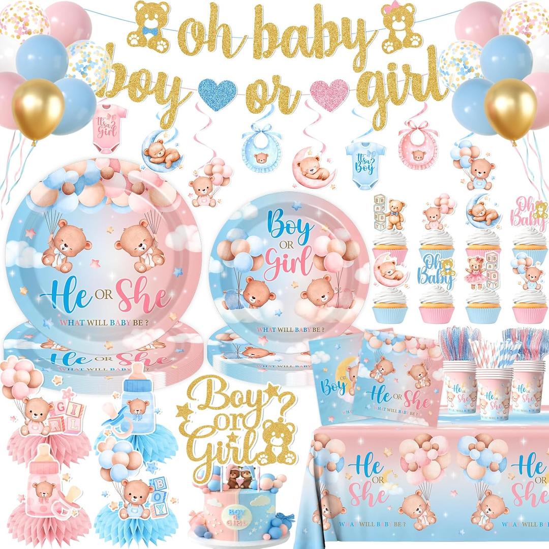 Teddy Bear Gender Reveal Decorations, 182Pcs Boy or Girl Gender Reveal Decorations Include Pink Blue Bear Plates Napkins Tablecloth, He Or She Party Supplies for Baby Shower, Serve 24