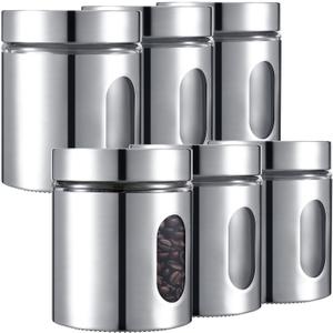 Mimorou 6 Pack Kitchen Canisters Set Airtight Coffee Sugar Tea Candy Storage Jars with Window Glass Stainless Steel Containers with Lids for Flour Cookies Spices Grains Kitchen Decorations(20 oz) (Silver)
