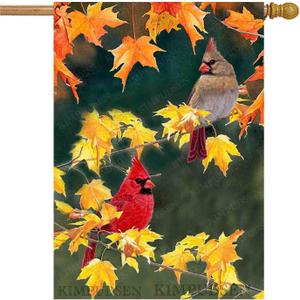 Fall House Flag Cardinal Bird 28x40 Double Sided Large Burlap Yard Flag Maple Leaves Welcome Autumn Thanksgiving Holiday Seasonal Outside Decorations