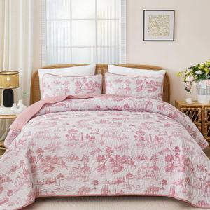 Drucon Toile Village Quilt Set King Size, Pink Botanical Christmas Quilts Bedspread for All Season, Soft Microfiber Bedding Coverlet Set 104"x90" (3 Pieces, King)