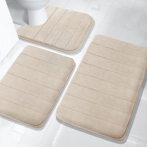 Yimobra Memory Foam Bath Mat Set 3 Pieces- Super Soft Absorbent Quick Dry Bathroom Rug Sets, Machine Washable Non Slip Floor Carpet for Tub Shower, Vanity & Toilet Base, Beige (31.5''x20'' +17''x24'' + 24''x20'')