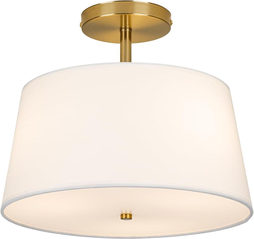 Modern Cone-Shaped Semi Flush Mount Ceiling Light Fixture, 3-Light Drum Lamp with Gold Brass Finish and White Fabric Shade for Bedroom, Kitchen, Dining Room, Hallway, Entryway, and Foyer 