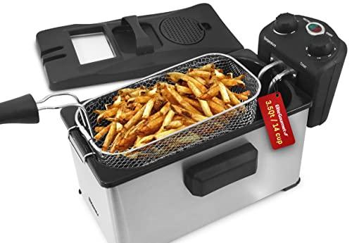 Elite Gourmet EDF-3500 Electric Immersion Deep Fryer. Removable Basket, Timer Control Adjustable Temperature, Lid with Viewing Window and Odor Free Filter,Stainless Steel,3.5 Quart / 14 Cup