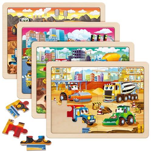 SYNARRY Large Wooden Construction Vehicle Puzzles for Toddlers 3-5, 24 Piece Monster Truck Puzzles for Kids Ages 4-6, Construction Toys for 3 4 5 6 Year Old, Kids Toys Easter Basket Stuffers Gifts