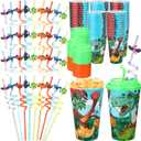Maxcheck 24 Sets 16 oz Dinosaur Cups Birthday Party Favors with Colorful Lids and Straws for Birthday Decorations Rainbow Plastic Cups Reusable Plastic Straws for Party