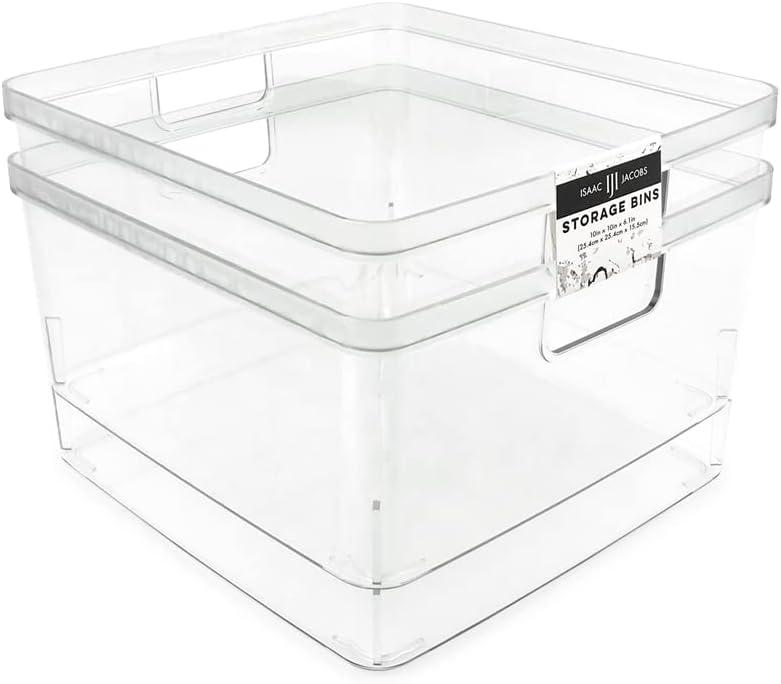 Isaac Jacobs 2-Pack Square Clear Storage Bins (10 L x 10 W x 6.1 H) w/Cutout Handles, Plastic Organizer for Home, Office, Kitchen, Fridge/Freezer, Bathroom, BPA Free, Food Safe (2-Pack, Square)