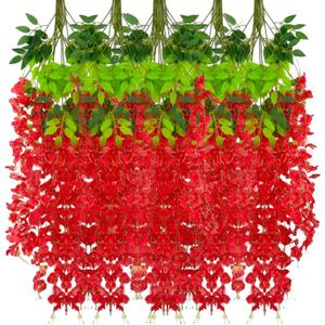24 Pack Red Wisteria Hanging Flowers Garland, 3.77 Feet Artificial Flower Vines, Fake Wisteria, Artificial Vines Hanging Garland for Backdrop Outdoor Yard Garden Decor