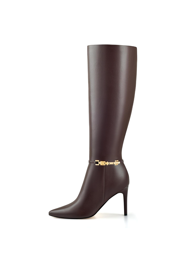 Adrizzlein Knee High Boots Women Pointed Toe Stiletto Tall Boots Sexy High Heel Long Boots Fashion Dress Shoes With Side Zipper Size 7 Brown