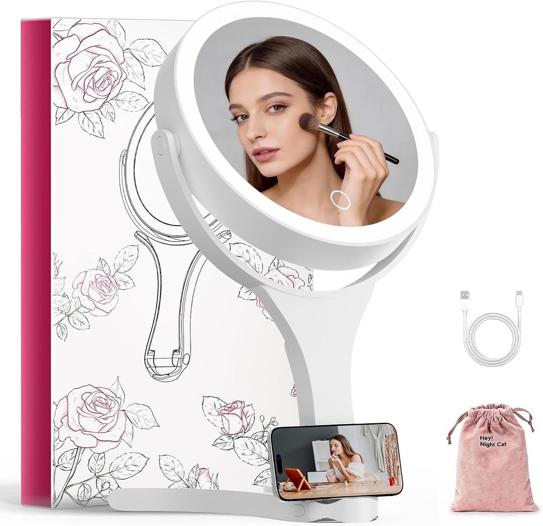 Hasipu Portable Travel Makeup Mirror with Lights 360 Rotating with 1X/10X Magnifying, Rechargeable Tabletop Handhold Hanging 3 in 1 Mirror (White)
