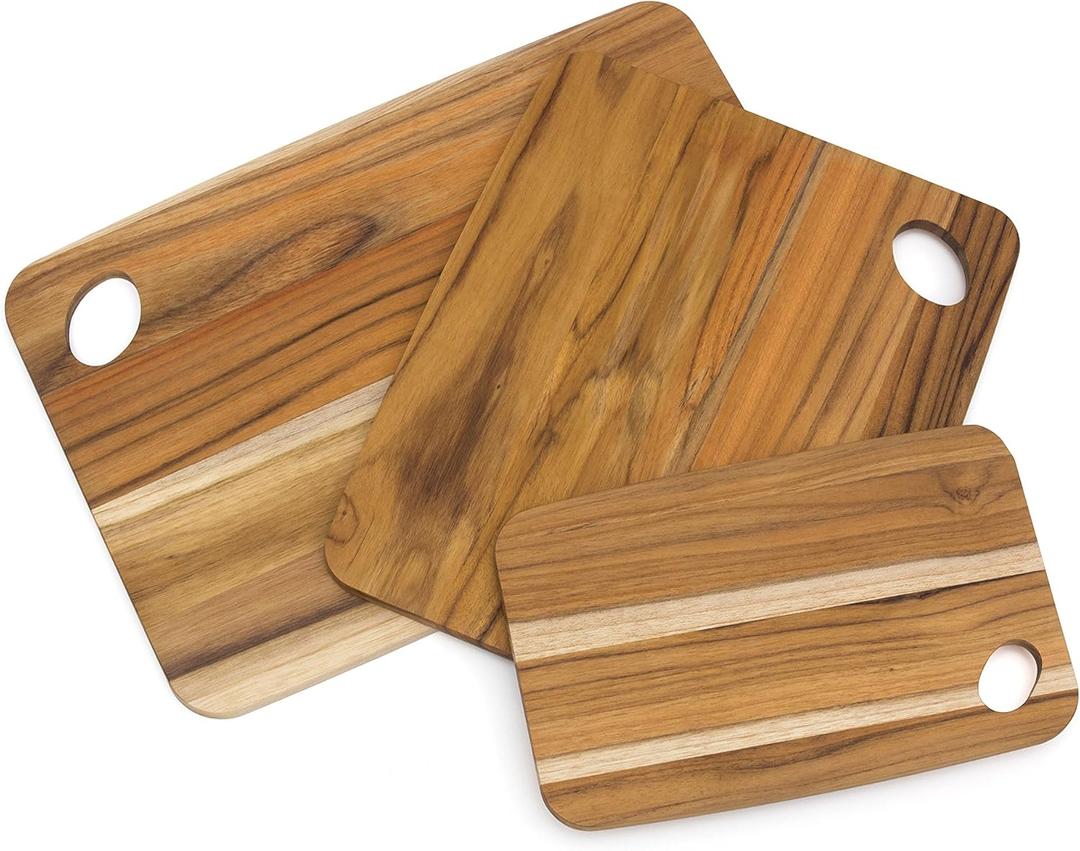 Lipper International Teak Wood Cutting Boards with Oval Holes in Corners, Assorted Sizes, Set of 3