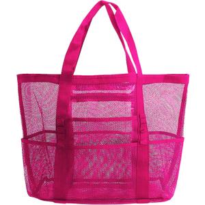 Mesh Beach Bag-Large Tote Bag for Family,Tote Bag with Zipper Pocket for Pool,Toys & Vacation Essentials, Rose Red