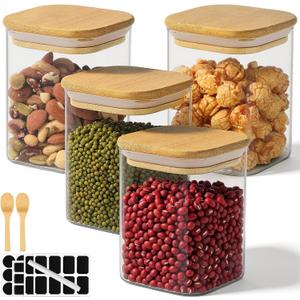 Glass Jars with Bamboo Lids, 15 Fl.oz Glass Storage Jars with Airtight Lids Set of 4, Clear Pantry Containers for Spice, Sugar, Coffee, Tea, Nuts, Beans - Included Labels, Marker and Spoon