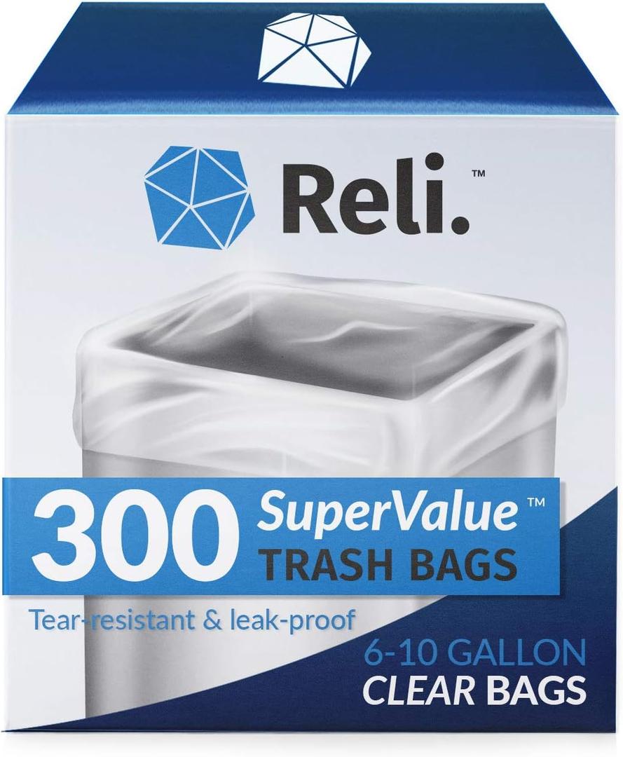 Reli. 6-10 Gallon Trash Bags | 300 Bags | Clear | Bathroom | Strong | Garbage