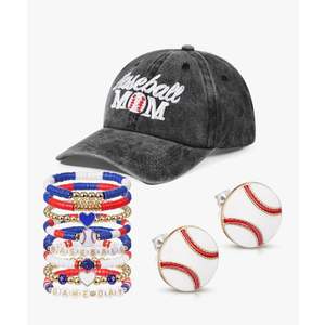 10 Pcs Baseball Mom Accessories, Mom Hat with 8 Pcs Stackable Beaded Stretch Bracelets and Earrings for Women Gift